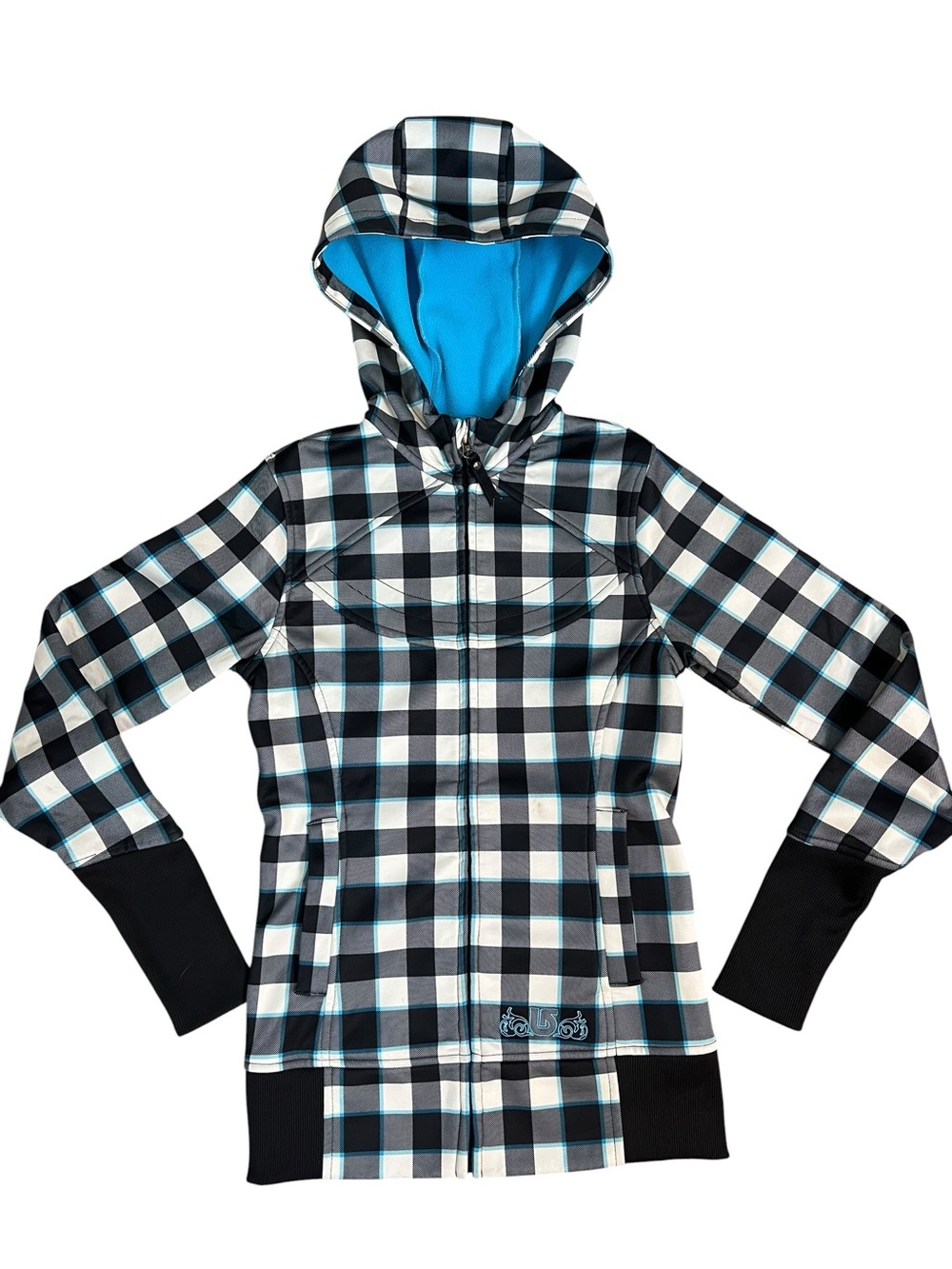 Burton Colombo Plaid Softshell Jacket XS Black White Blue Hooded Snowboard Y2K